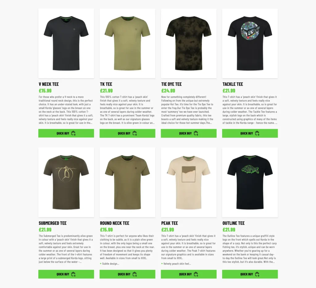product grid for korda clothing