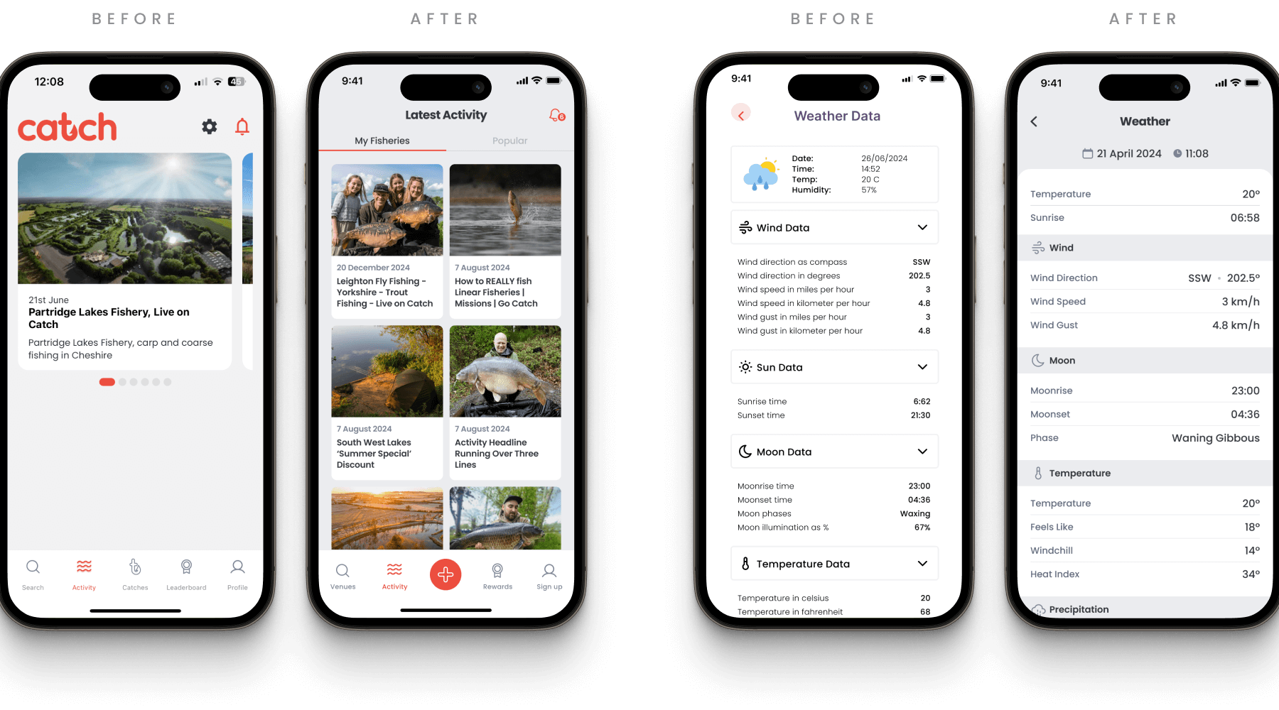 go catch fishing app before and after screen designs that optimise screen real estate
